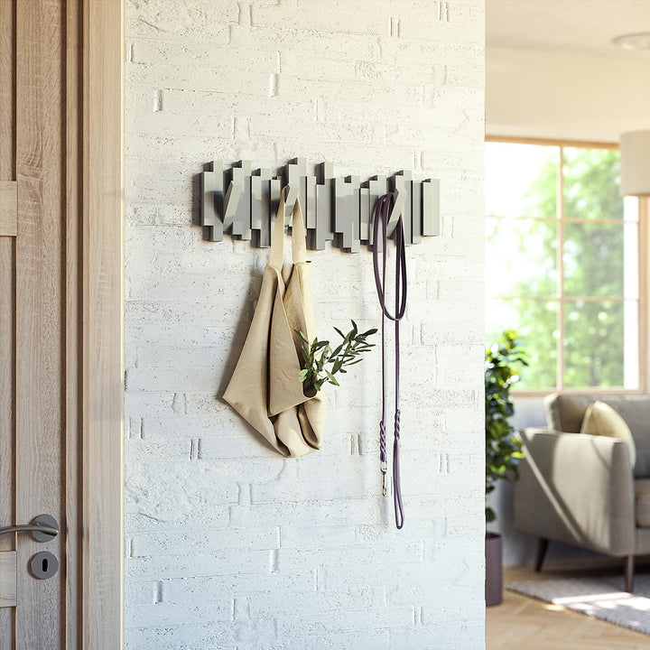 Sticks Wall-Mounted Coat Rack Rail Hook with 5 Retractable Pegs – Modern, Space-Saving Storage Organizer, Grey