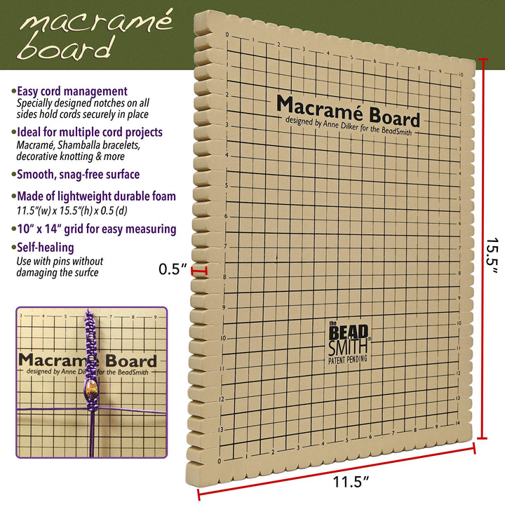 Macrame Board, 11.5 x 15.5 inches, 0.5-inch-Thick Foam, 10x14 Grid for Measuring, Bracelet Project with Instructions Included, Create Macrame and Knotting Creations