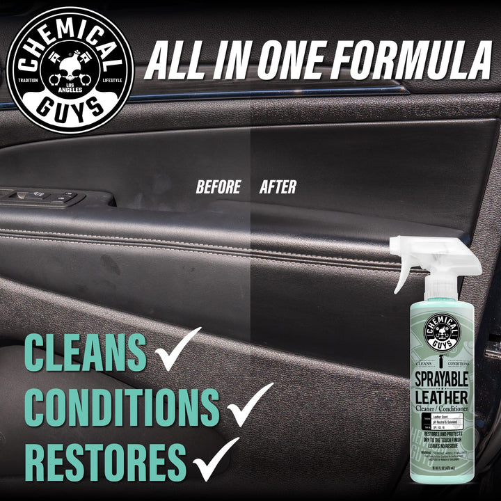 SPI_103_16 Sprayable Leather Cleaner and Conditioner in One for Car Interiors, Apparel, and More (Works on Natural, Synthetic, Pleather, Faux Leather and More) Leather Scent, 16 fl oz