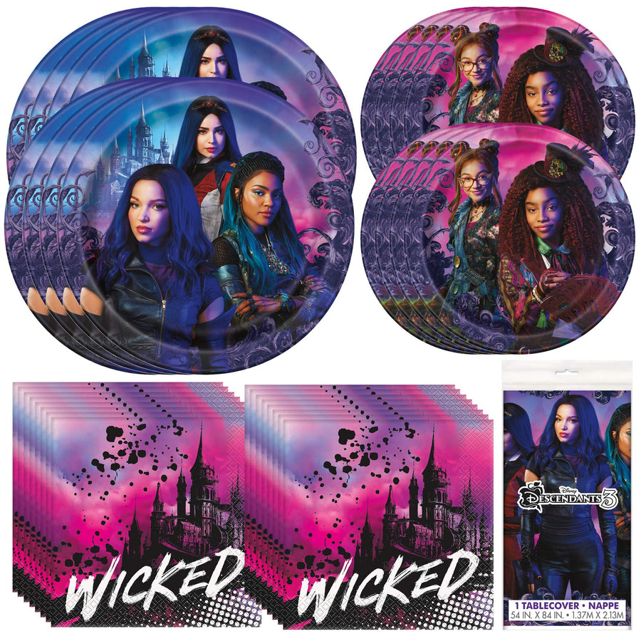 Disney Descendants 3 Party Bundle, Dinner & Dessert Plates, Luncheon Napkins, Table Cover, Great for Fantasy Themed Celebrations, Birthday Bash, Halloween Parties