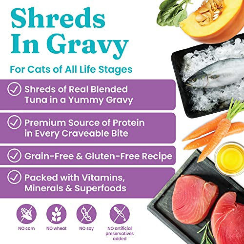 Wet Cat Food Shreds in Gravy - Canned Cat Food Made w/Real Tuna - Five Oceans Grain Free - 24ct/3oz Can