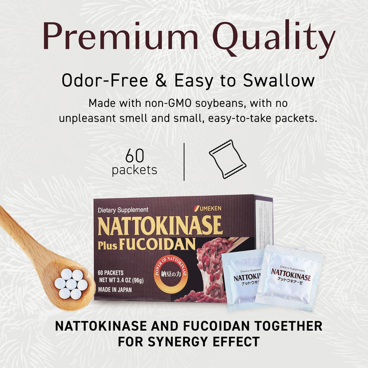 Nattokinase Plus Fucoidan for Circulatory Support, 2500FU Natto, Blood Circulation Supplements, Odor Free & Easy to Take Nattokinase Supplement, Okinawan Fucoidan, 2 Month Supply, 60 Count, Pack of 1
