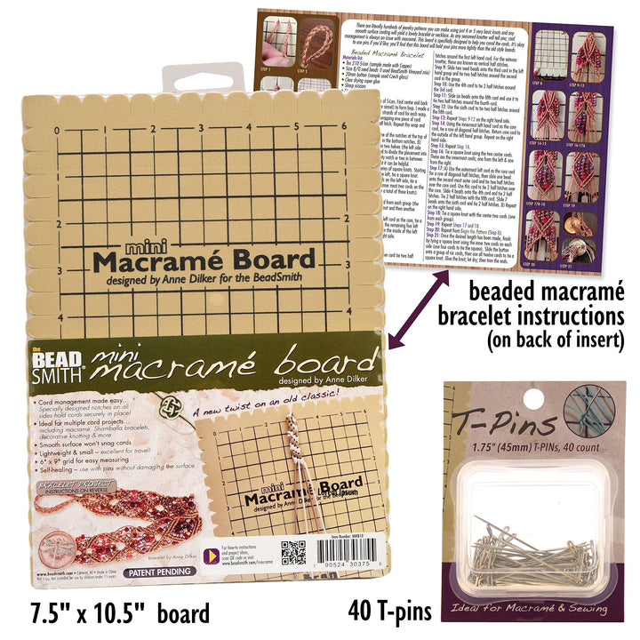 Mini Macrame Combo - Bead Board 7.5 x 10.5 inches - Box of 40 T-pins 1.75 inches - Bracelet Project & Instructions Included - Ideal for securing & creating Macrame and Knotting Creations
