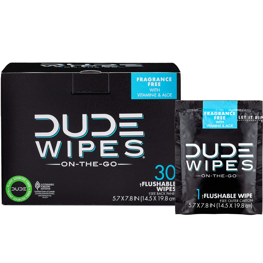 DUDE Wipes - On-The-Go Flushable Wipes - 30 Wipes - Unscented Extra-Large Adult Wet Wipes - Individually Wrapped for Travel, with Vitamin-E & Aloe, Septic and Sewer Safe