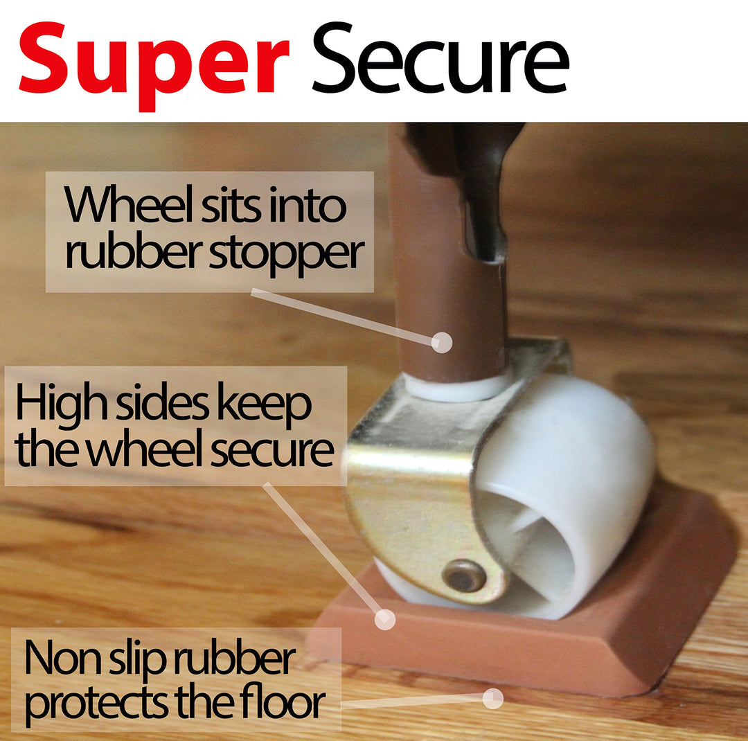 Bed Stopper/Furniture Stopper (4 Pieces) ®, Universal Design fits Most Wheels, Solid Rubber Bed Frame Wheel Stoppers, Won't Scratch/Leave Marks on Floors. Patent Pending.