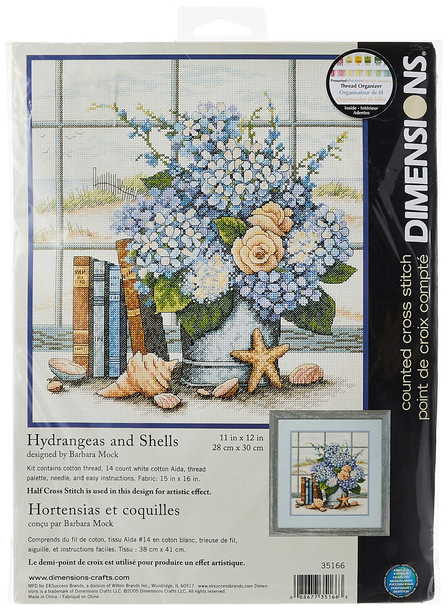'Hydrangeas and Sea Shells' Counted Cross Stitch Kit, 14 Count White Aida, 11 x 12