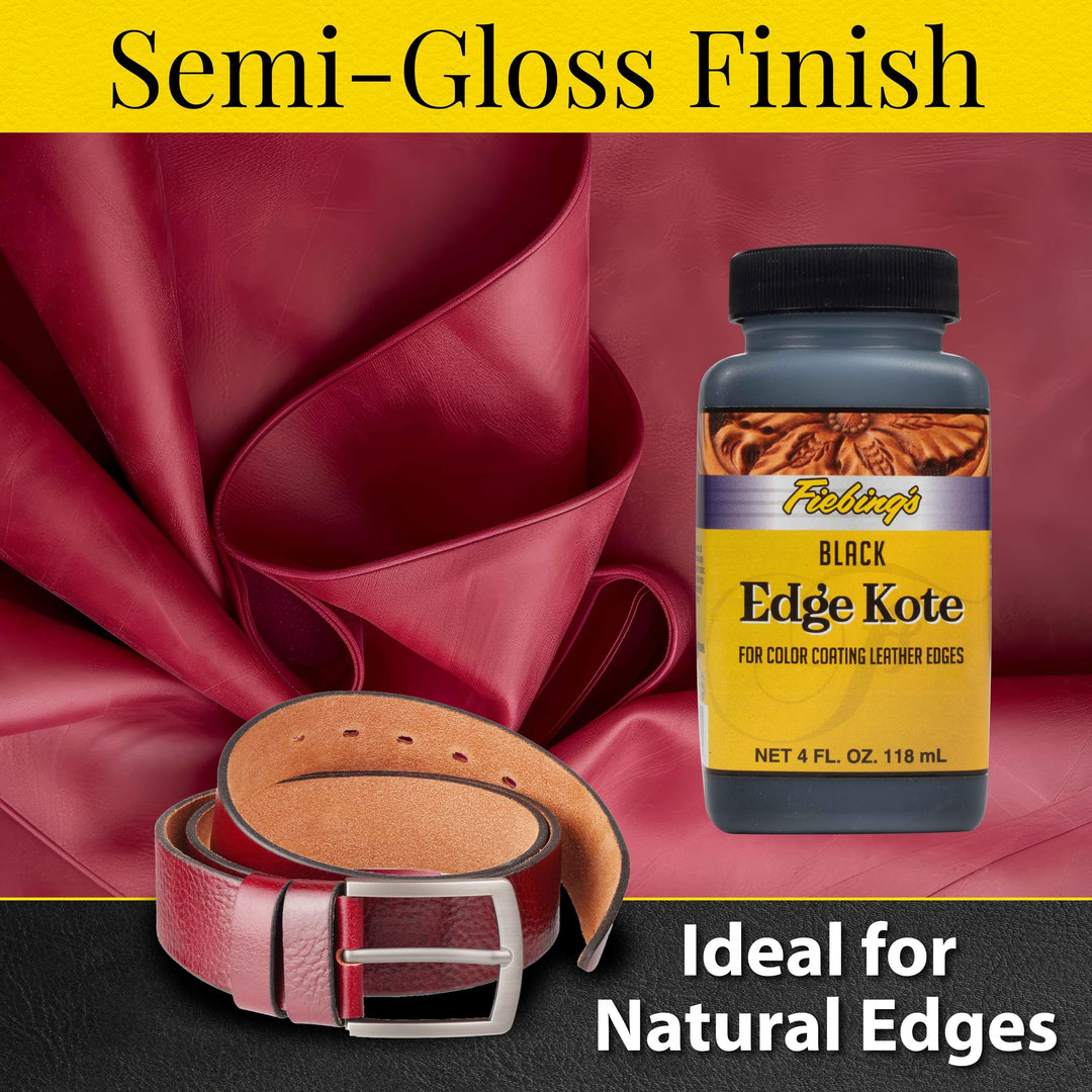 Fiebing's Edge Kote (4oz, Black) - Leather Edge Paint for Shoes, Furniture, Purses, Couches, Belts - Flexible, Water Resistant, Semi Gloss Color Coating Leather Dye to Protect Natural Edges