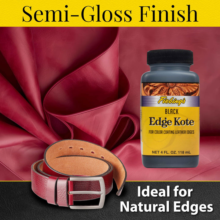 Fiebing's Edge Kote (4oz, Black) - Leather Edge Paint for Shoes, Furniture, Purses, Couches, Belts - Flexible, Water Resistant, Semi Gloss Color Coating Leather Dye to Protect Natural Edges