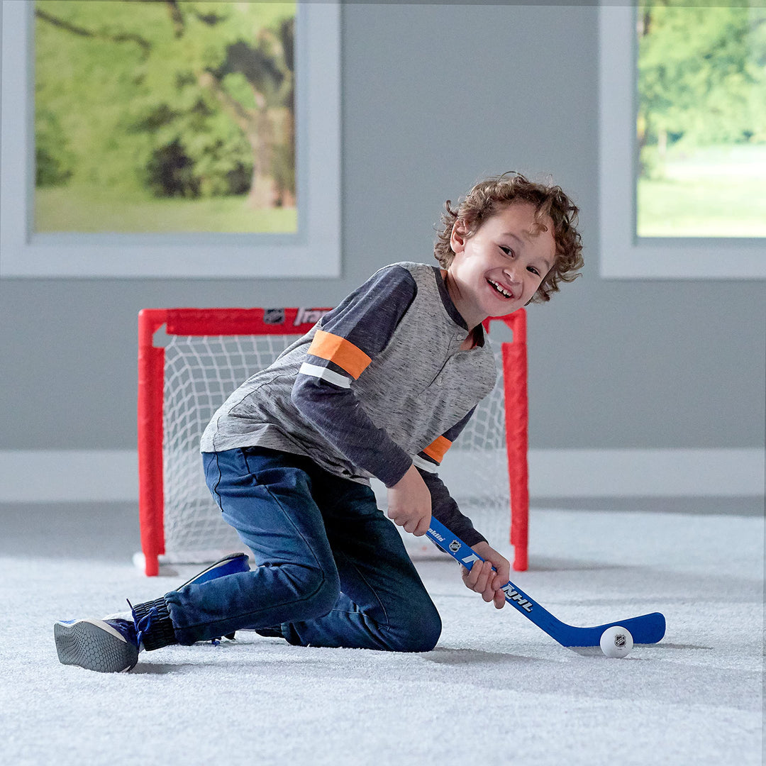 NHL Kids Mini Hockey Set - Includes 1 Knee Hockey Goal - 2 Mini Hockey Sticks + 2 Foam Balls - Indoor Toy Mini Hockey Goal + Sticks Set,Red