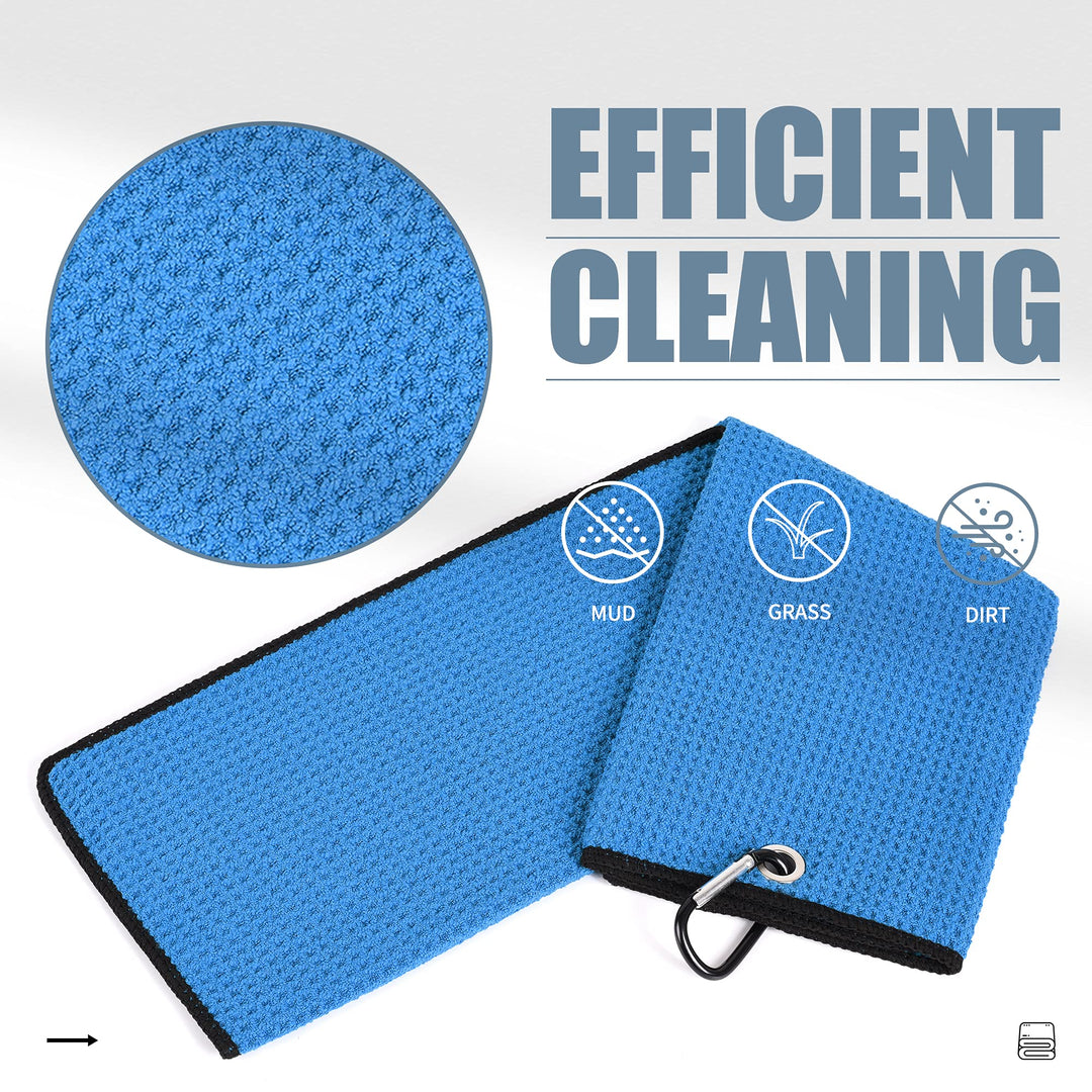 Tri-fold Golf Towel | Premium Microfiber Fabric | Waffle Pattern | with Heavy Duty Carabiner Clip | Golf Towel for Men and Women (BlueGolf Towel)