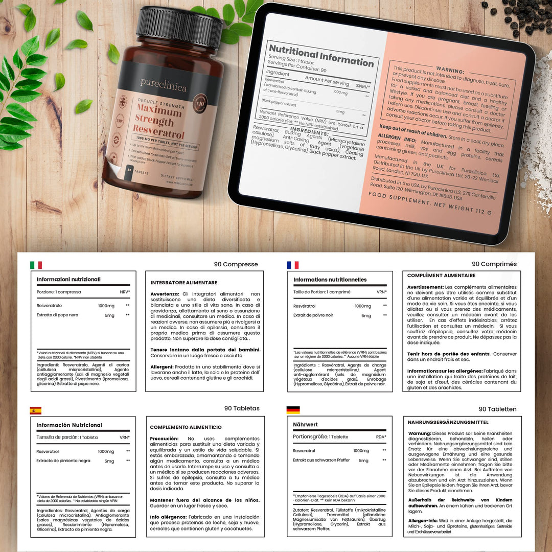 1000mg Resveratrol x 180 tablets (2 bottles of 90 tablets each - 6 months supply). 10 x strength and with black pepper extract for faster absorption. SKU: RV3x2