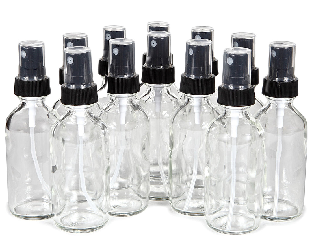 , 12, Clear, 2 oz Glass Bottles, with Black Fine Mist Sprayers
