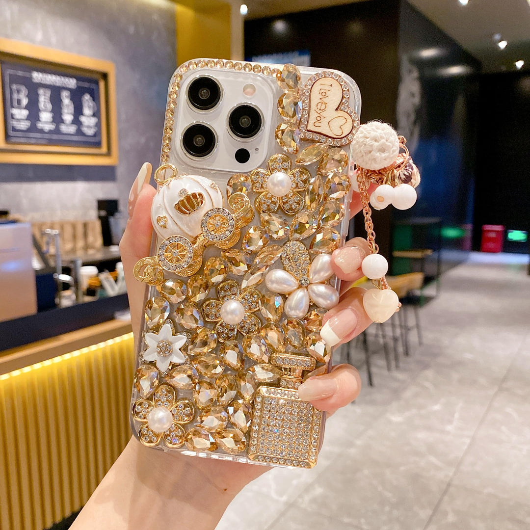 Bling Case, Girls Women 3D Luxury Sparkle Glitter Diamond Crystal Rhinestone Pumpkin Car Charm Pendant Protective Case Cover for iPhone 13 Pro Max 6.7 inch (Champagne)