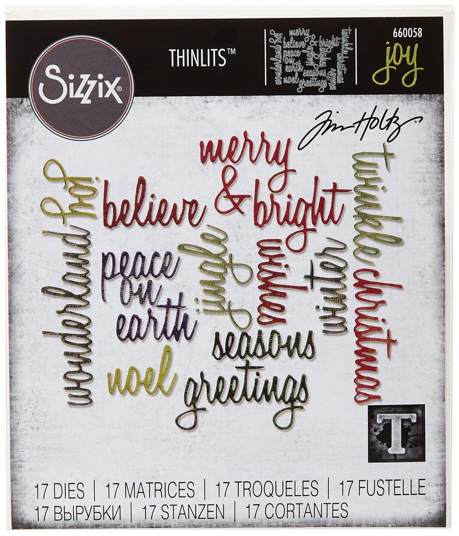 , Holiday Words Thinlits Die Set , Script by Tim Holtz, 17 Pack, Multi Color, One Size