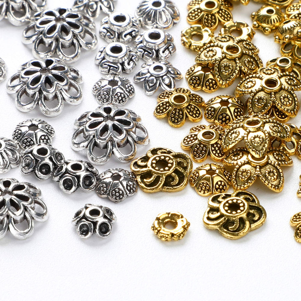 About 160Pcs Spacer Beads Caps, Bali Style Mixed Tibetan Silver and Antique Gold Flower Bead Caps for Bracelet Necklace Earrings Jewelry Making Supplies