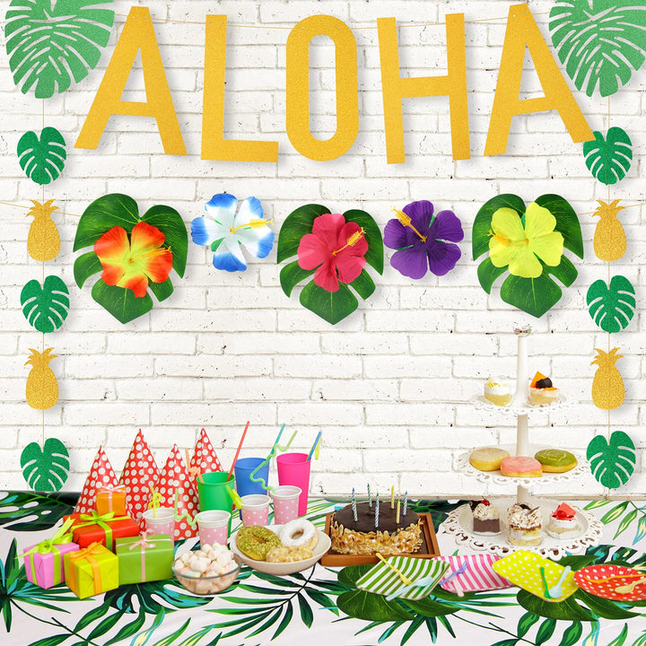 Hawaiian Tropical Luau Theme Party Decoration Including Aloha Banner Pineapple Palm Leaves Garland 12 Pieces Tropical Palm Leaves and 12 Pieces Hibiscus Luau Flower for Pool Party Decorations