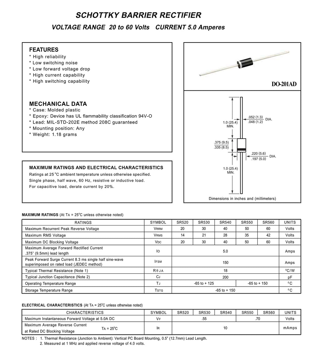 10PCS SR560 (SB560) Schottky Barrier Rectifier Diodes 5A 60V DO-201AD (DO-27) Axial 5 Amp 60 Volt