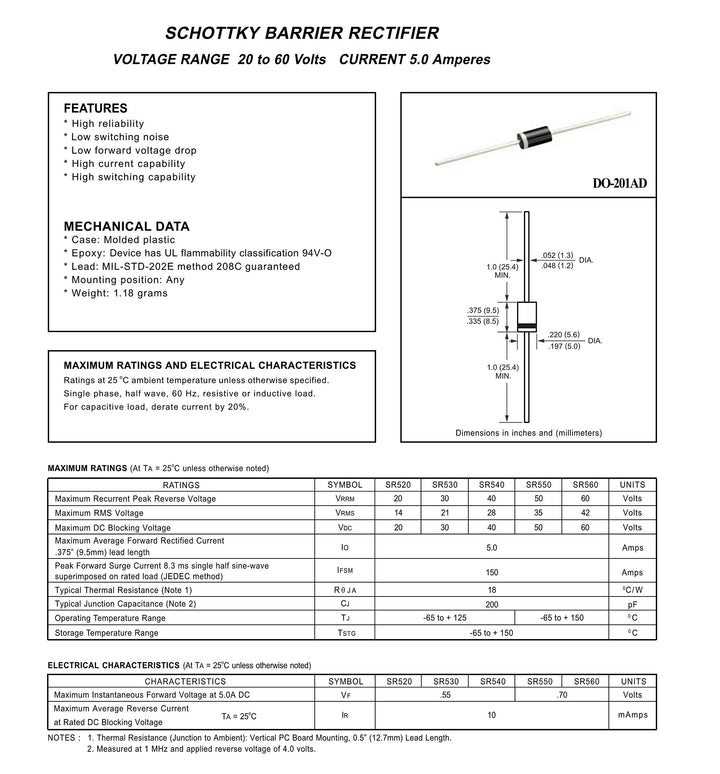 10PCS SR560 (SB560) Schottky Barrier Rectifier Diodes 5A 60V DO-201AD (DO-27) Axial 5 Amp 60 Volt