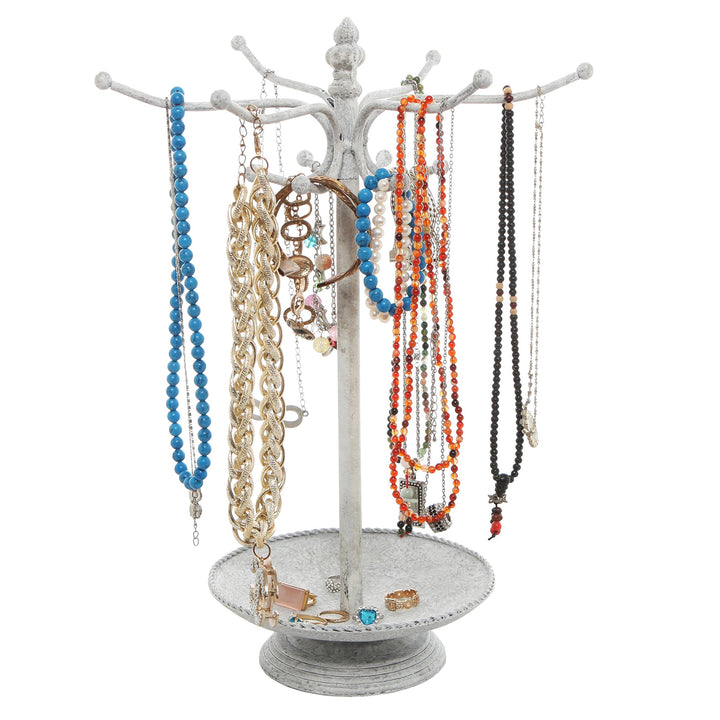 Vintage White Metal Necklace and Bracelet Organizer Jewelry Stand with 12 Hooks and Ring Dish Tray, Multipurpose Accessory and Keychain Holder Display Rack