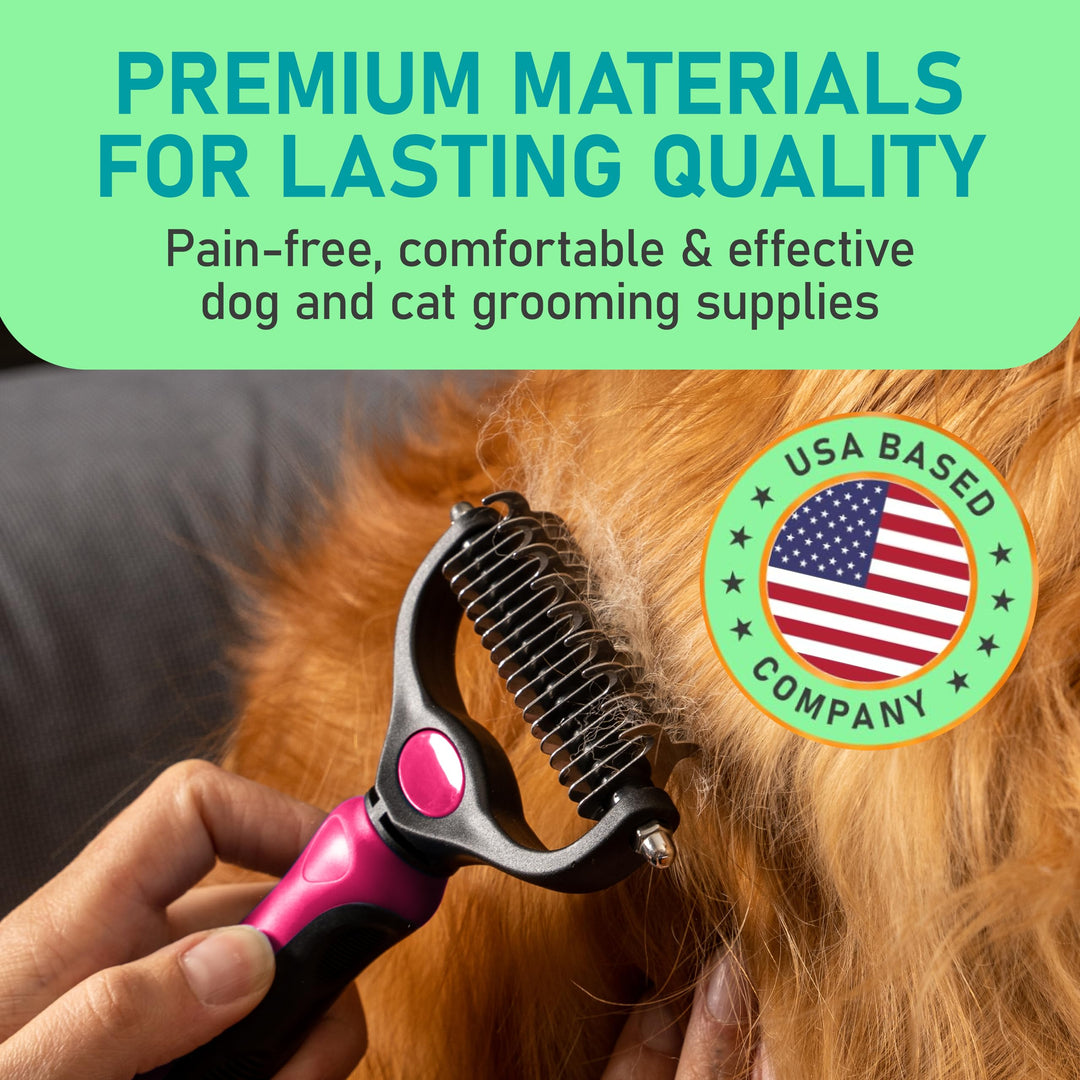Hair Brush - Double Sided Shedding, Dematting Undercoat Rake for Dogs, Cats - Extra Wide Dog Grooming Brush, Pink