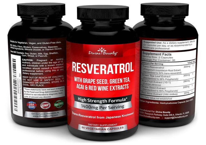 Resveratrol Supplement - 1400mg Extra Strength Formula with Grape Seed Extract, Green Tea Extract, Red Wine Extract - 60 Veggie Capsules