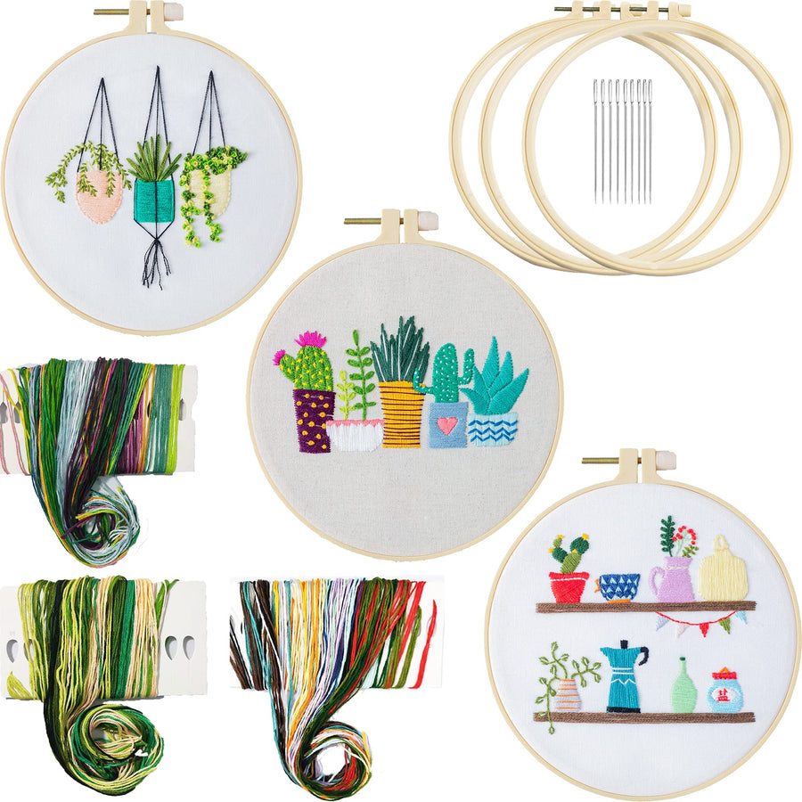 3 Pack Embroidery Kit with Pattern and Instructions for Beginners Plants Flowers for Adults,Cross Stitch Kit, Craft Stamped Embroidery Starter Set Including Hoop,Needles, Color Threads (Plants)
