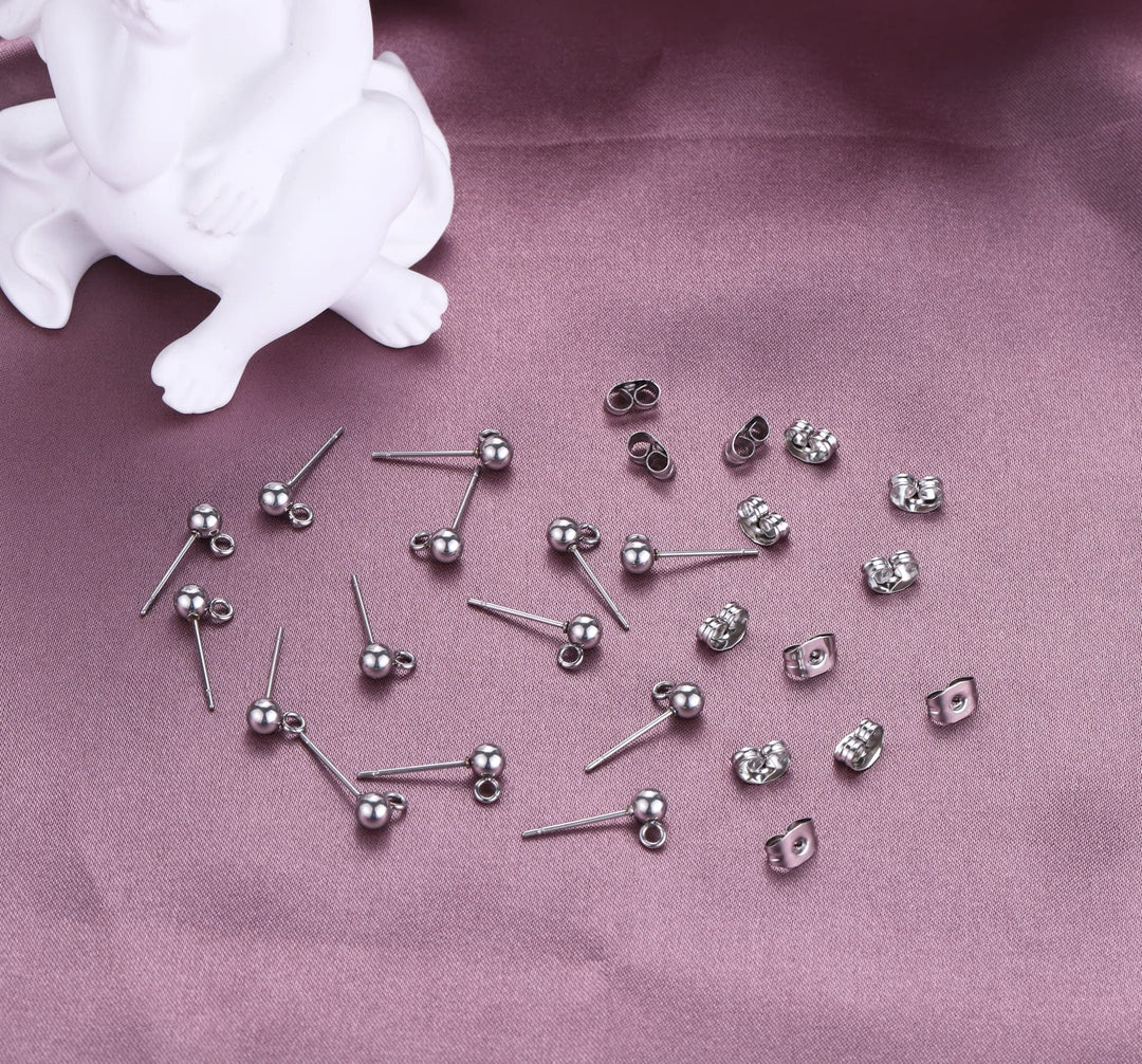 100 Sets Stainless Steel Solid Round Ball Post Stud Earrings with Loop for Jewelry Dangle Earring Making