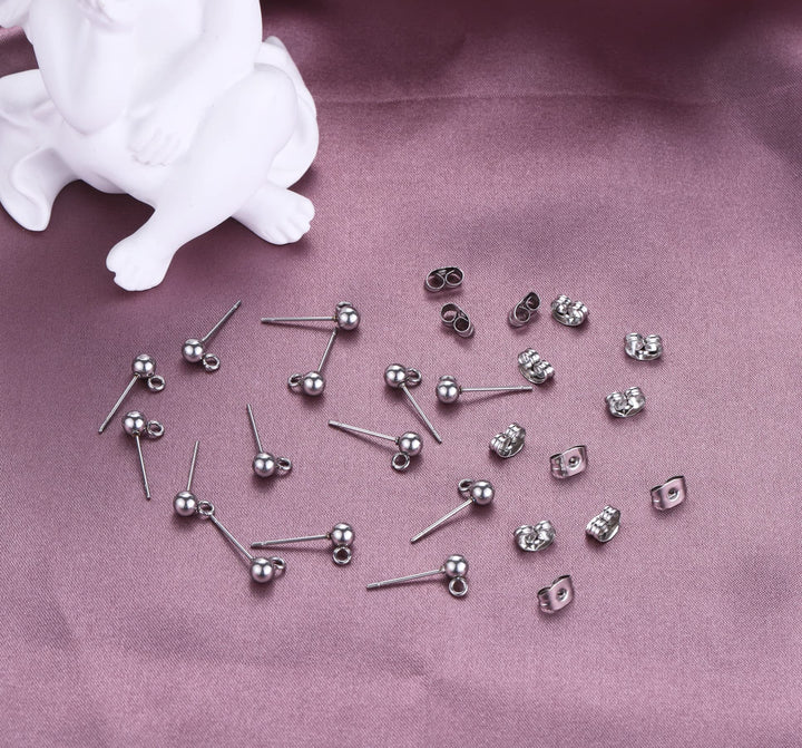 100 Sets Stainless Steel Solid Round Ball Post Stud Earrings with Loop for Jewelry Dangle Earring Making