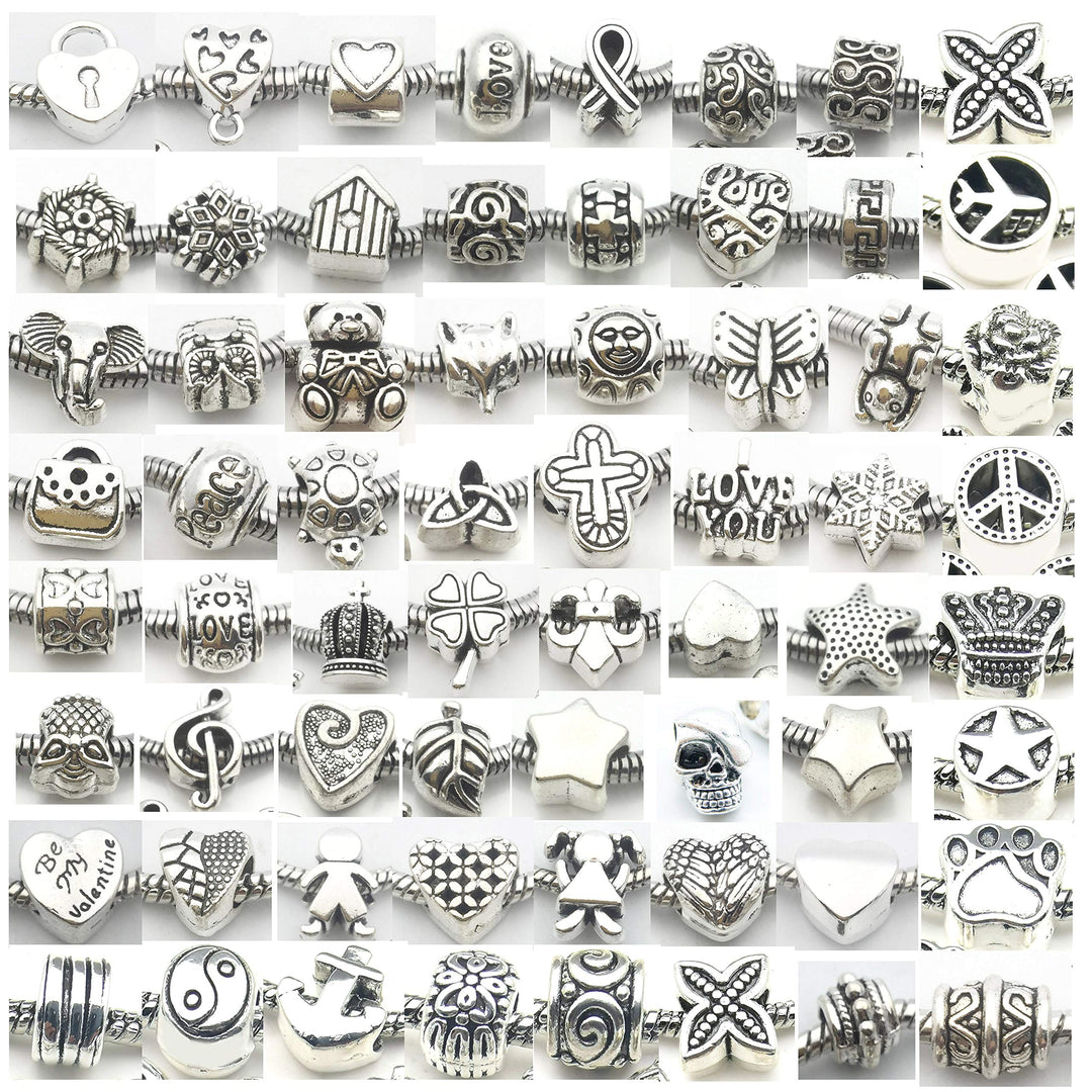 55pcs Assorted Alloy European Large Hole Beads Metal Spacer Charms Bead Assortments for DIY Crafts Bracelets Necklaces Jewelry Making (M190)
