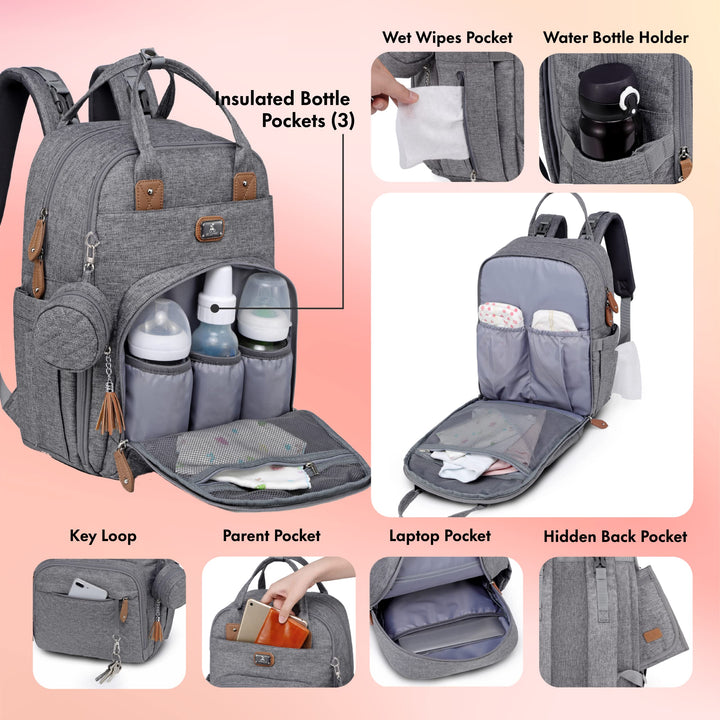 Diaper Bag Backpack with Portable Changing Pad, Pacifier Case and Stroller Straps, Large Unisex Baby Bags for Boys Girls, Multipurpose Travel Back Pack Moms Dads, Gray