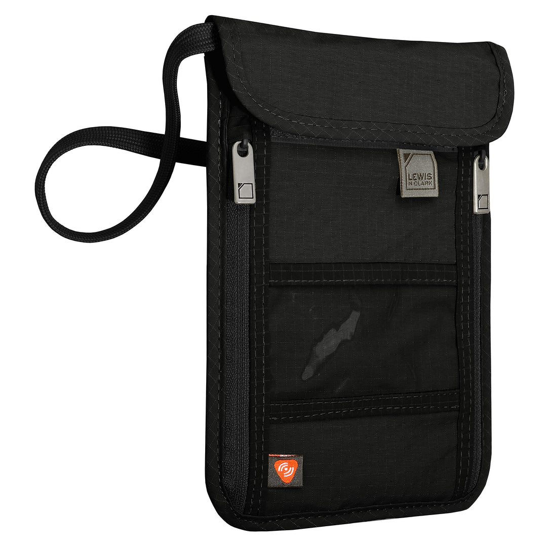 RFID Blocking Stash Neck Wallet, Travel Pouch + Passport Holder for Women & Men, Black, One Size