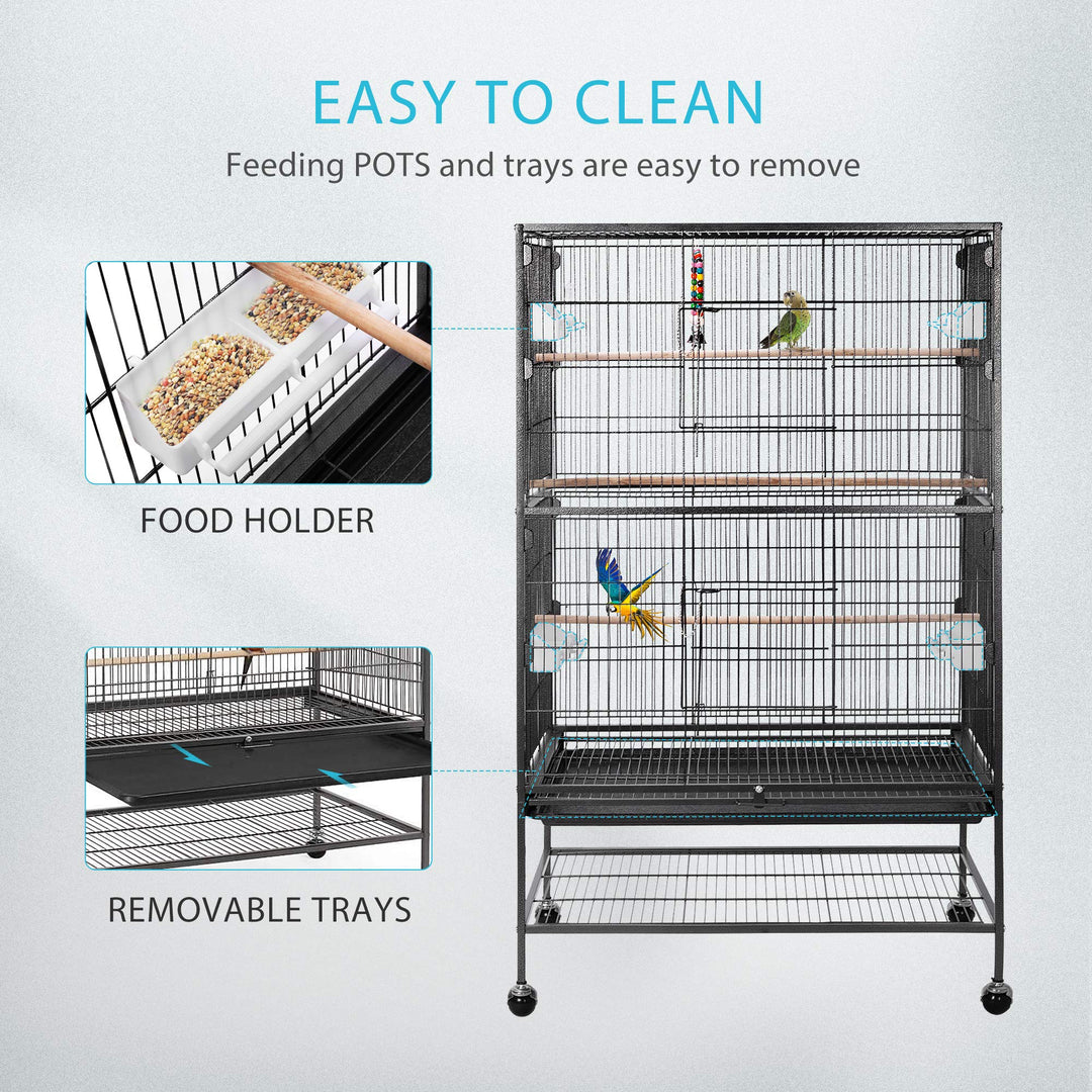 53 Inch Wrought Iron Large Bird Cage with Rolling Stand for Parrots Conures Lovebird Cockatiel Parakeets Black