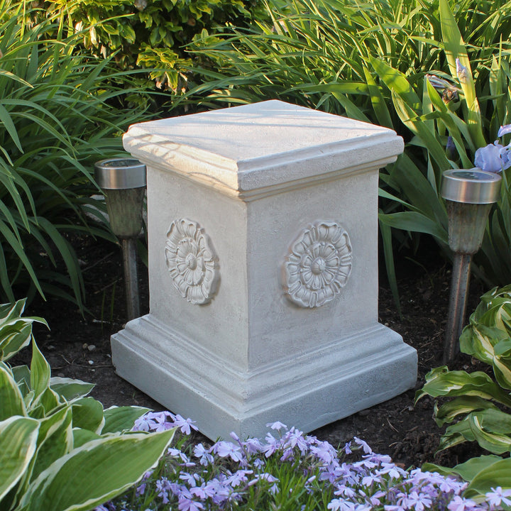 English Rosette Indoor/Outdoor Sculptural Garden Plinth Base Statue Riser, 11 Inches Square, 13 Inches Tall, Handcast Polyresin, Antique Stone Finish