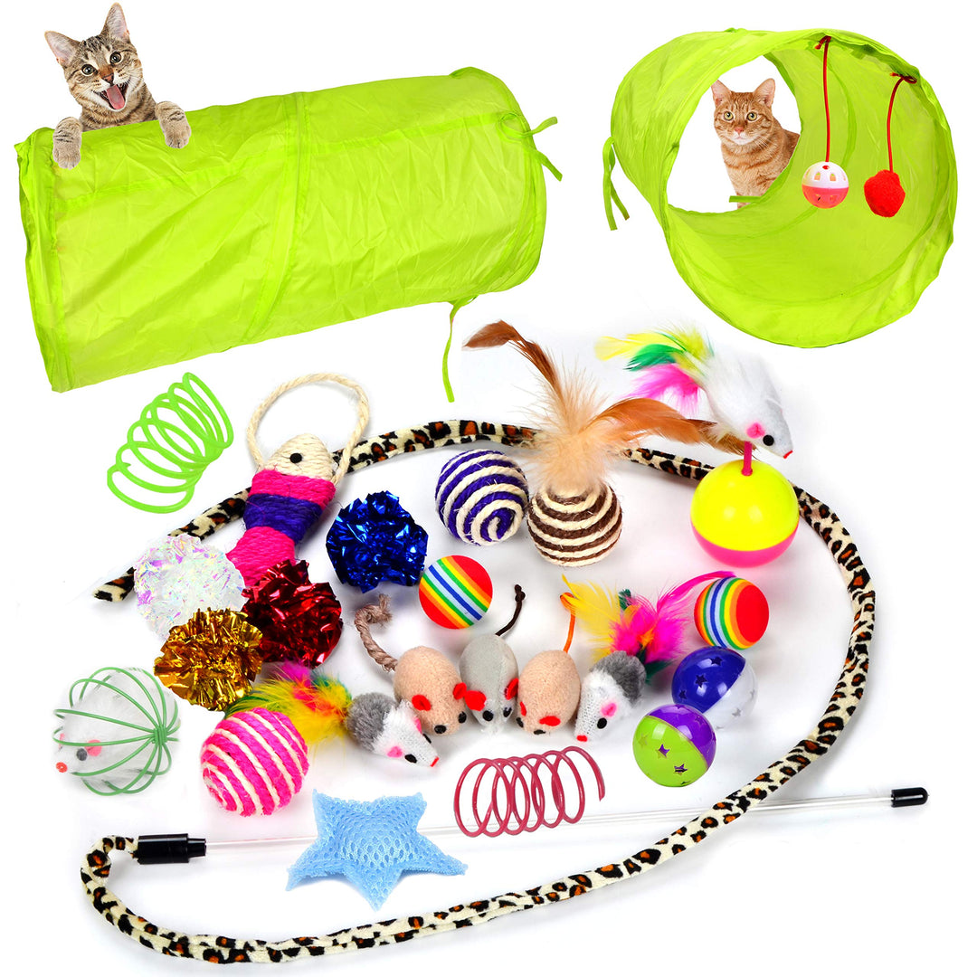 24 Cat Toys Kitten Toys Assortments, 2 Way Tunnel, Cat Feather Teaser - Wand Interactive Feather Toy Fluffy Mouse, Crinkle Balls for Cat, Puppy, Kitty, Kitten
