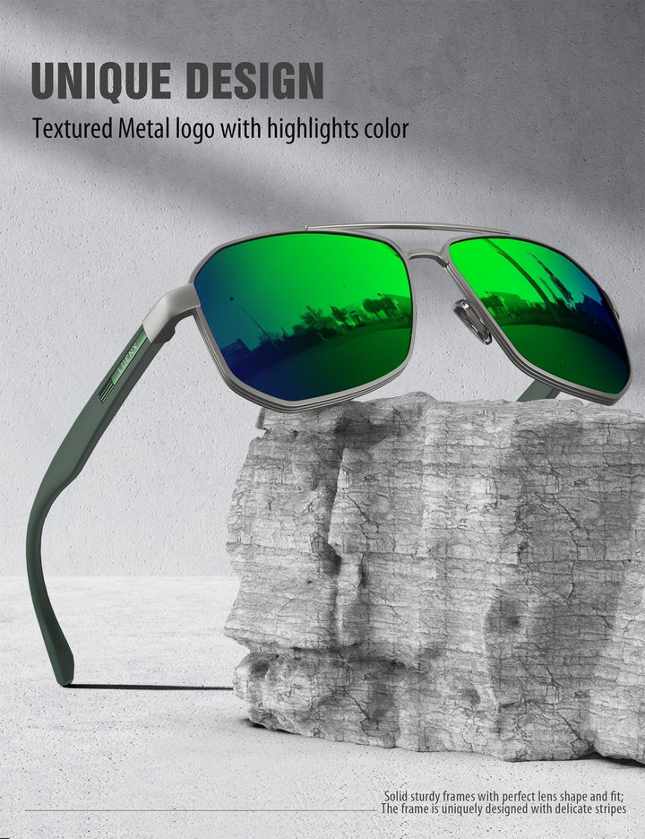 Aviator Sunglasses for Men Driving Square Polarized Polygon Lens - UV 400 Protection with Accessories(Mirror Green Lens)