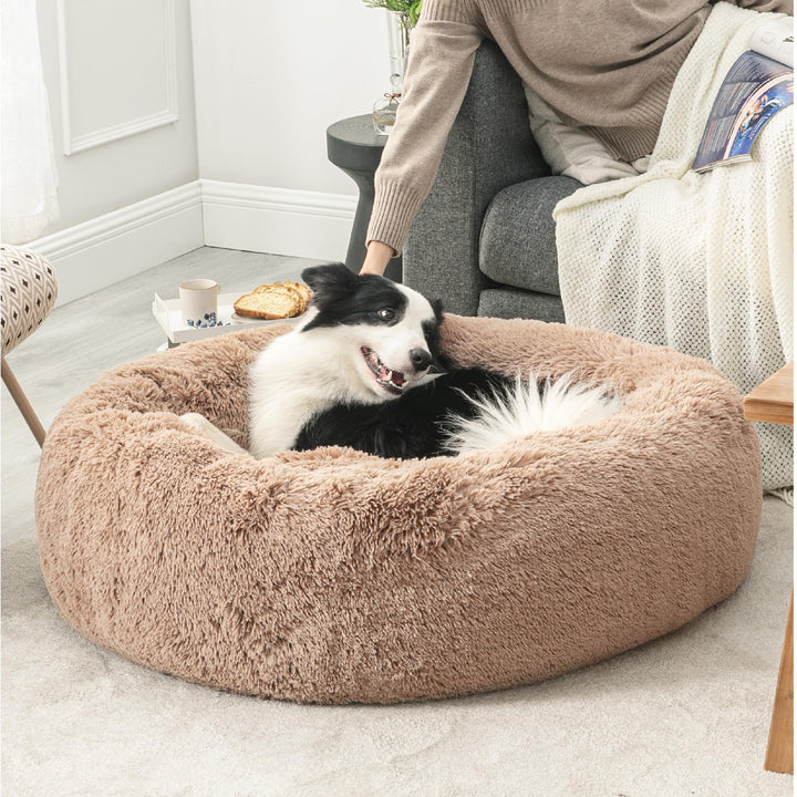 Calming Dog Bed for Large Dogs - Donut Washable Large Pet Bed, 36 inches Anti-Slip Round Fluffy Plush Faux Fur Dog Bed, Fits up to 100 lbs Pets, Camel