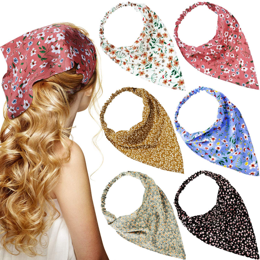6 Pcs Floral Elastic Hair Bandanas Boho Scarf Headband Chiffon Head Kerchief Turban with Hair Clips for Women(Boho Floral Patterns)