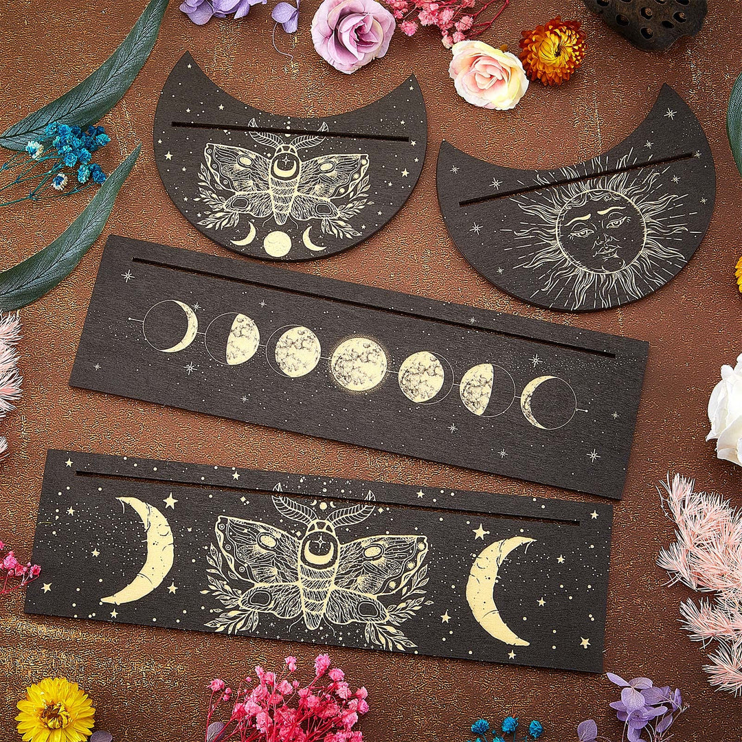 Wooden Tarot Card Stand Holder 4 Pieces Moon Phase Tarot Card Altar Stand Sun Moth Pattern Tarot Card Holder Stand Rectangle Moon Shape Display Wooden Card Stand Oracle Witch Divination Tools