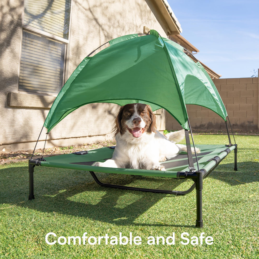 XLarge Outdoor Dog Bed, Elevated Pet Cot with Canopy, Durable Oxford Fabric, Extra Carrying Bag, for Camping or Beach - Green