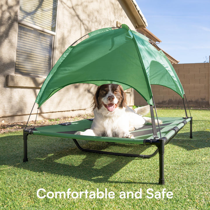 XLarge Outdoor Dog Bed, Elevated Pet Cot with Canopy, Durable Oxford Fabric, Extra Carrying Bag, for Camping or Beach - Green