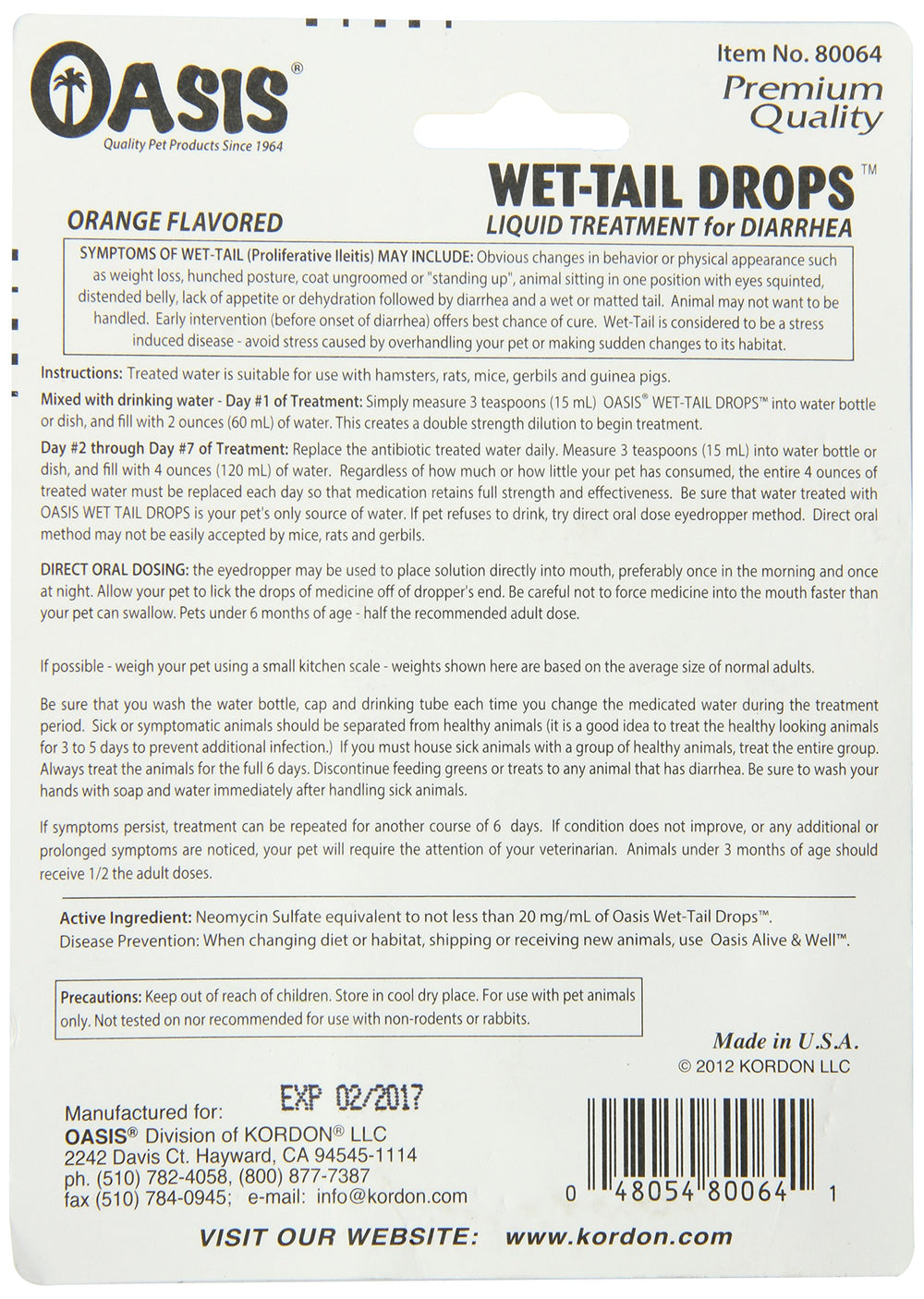 Oasis #80064 Wet Tail Drops- Liquid Treatment for Diarrhea, 1-Ounce