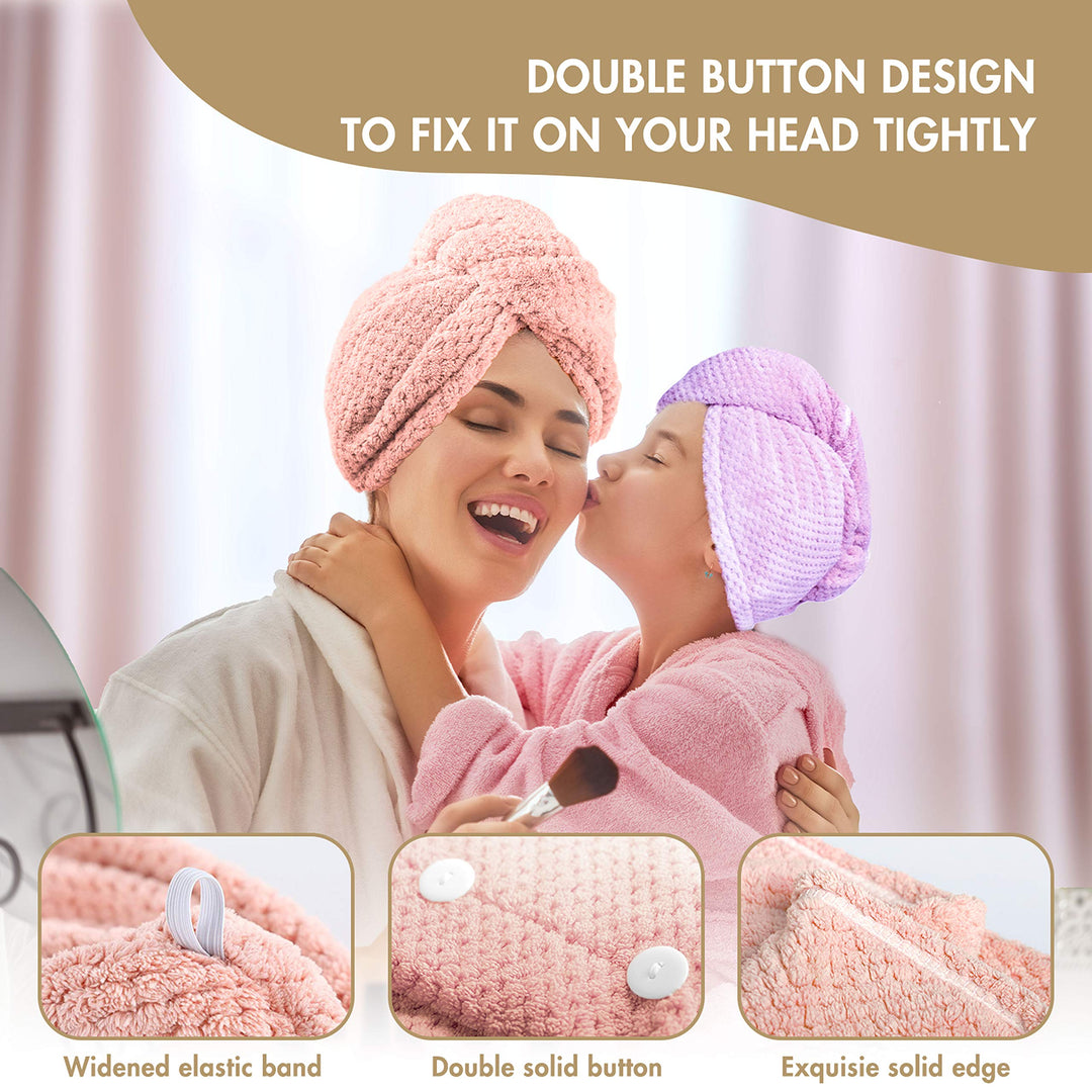 Microfiber Hair Towel Wrap 3+1 Pack Hair Towel, Quick Dry Super Absorbent Hair Towel Wrap for Women Girl Family Curly Long & Thick Wet Hair Anti Frizz Button Choose Design (Pink/Purple/Gray)