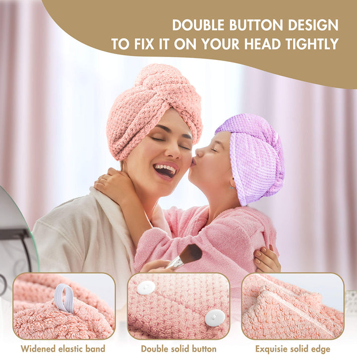 Microfiber Hair Towel Wrap 3+1 Pack Hair Towel, Quick Dry Super Absorbent Hair Towel Wrap for Women Girl Family Curly Long & Thick Wet Hair Anti Frizz Button Choose Design (Pink/Purple/Gray)