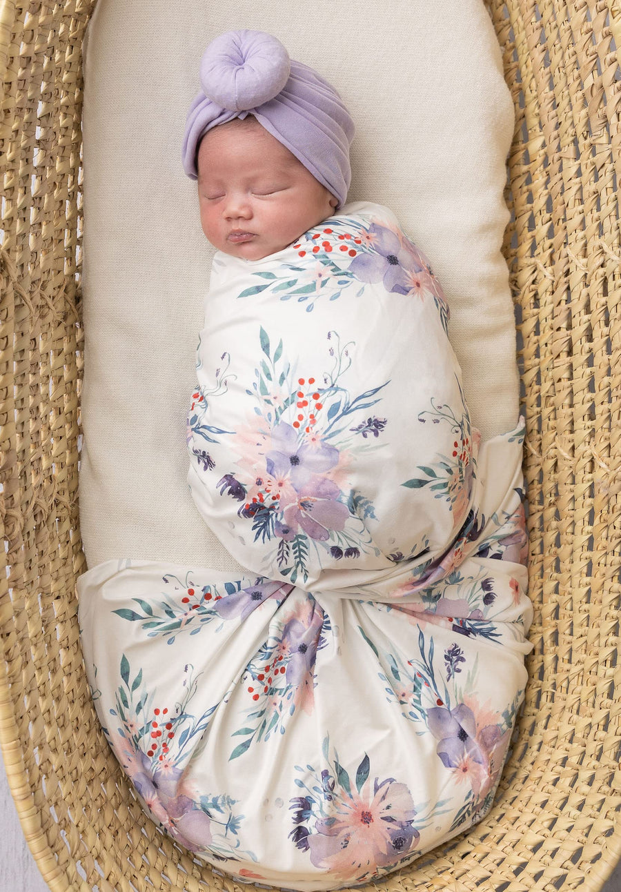 Newborn Receiving Blanket and Headband Beanie Set Flower Print Baby Swaddle Wrap Floral (Purple)