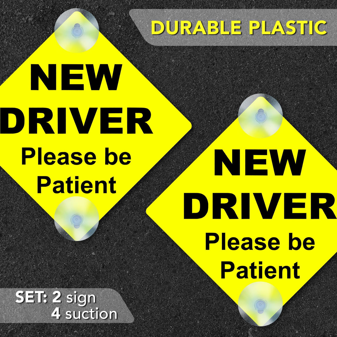 2 PC New Driver Sign - 5 x 5 Teen Driver Please Be Patient Car Window Signs with Suction Cups - Student Driver Signs for Car - Yellow Rookie Car Signs