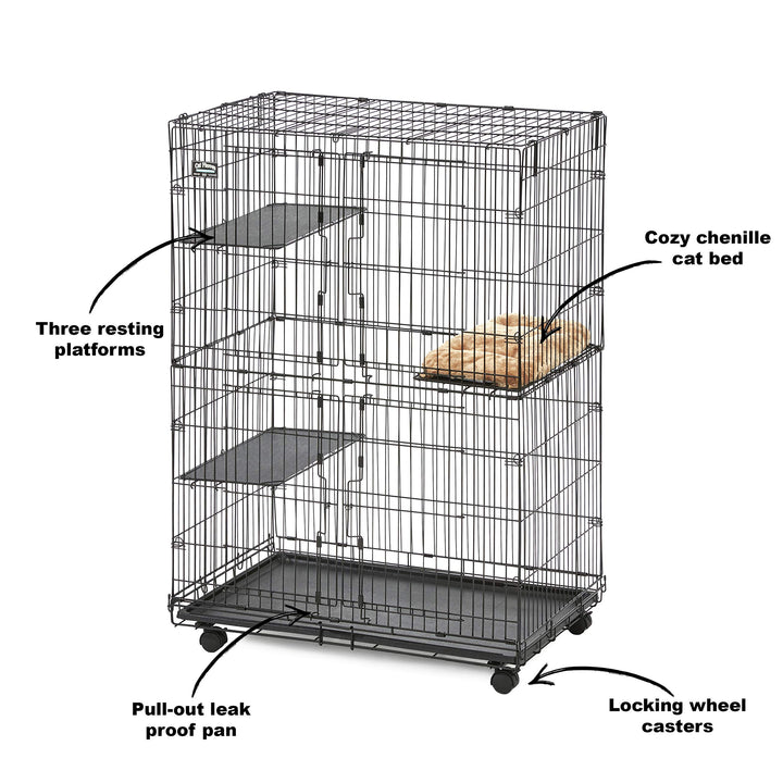 Cat Playpen/Cat Cage Includes 3 Adjustable Resting Platforms, Removable Leak-Proof Pan, Easy 2-Door Top/Bottom Access & 4-Locking Wheel Casters