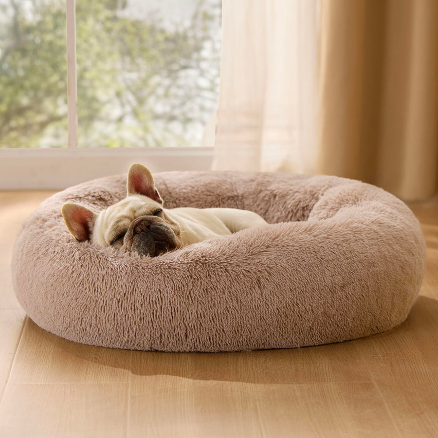 Calming Dog Bed for Medium Dogs - Donut Washable Medium Pet Bed, 30 inches Anti-Slip Round Fluffy Plush Faux Fur Cat Bed, Fits up to 45 lbs Pets, Camel
