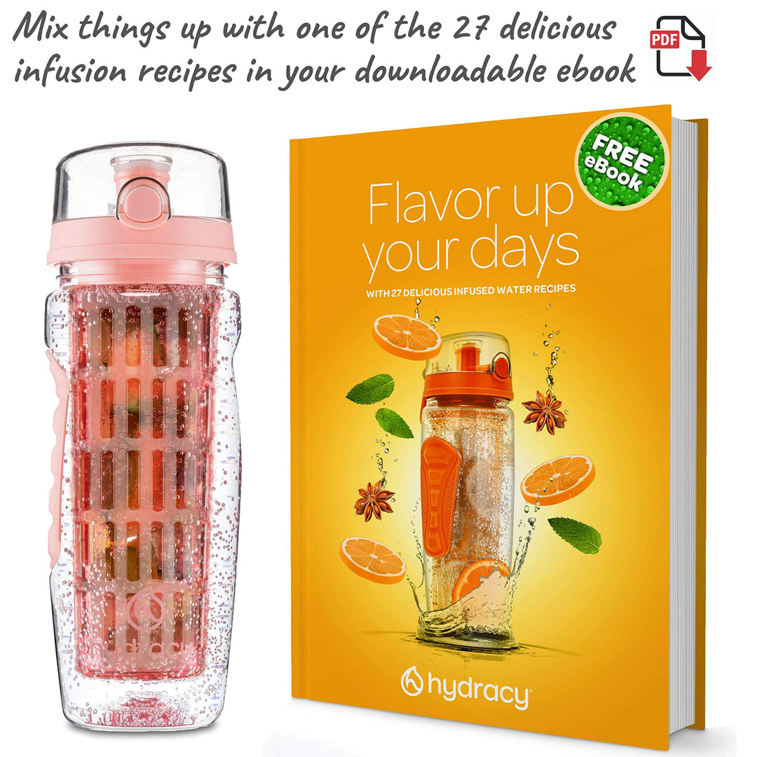 Fruit Infuser Water Bottle - 32 oz Sports Bottle - Time Marker & Full Length Infusion Rod + 27 Fruit Infused Water Recipes eBook Gift - Rose Gold