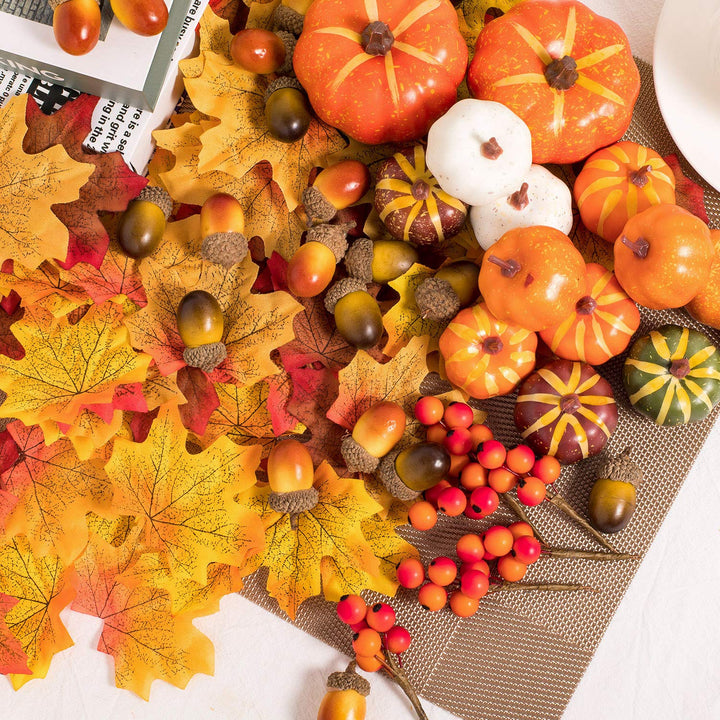 160 Pcs Autumn Artificial Maple Leaves, Harvest Pumpkins, Gourds, Acorns and Orange Berry Stems Set, Fall and Thanksgiving Home Table Decoration Halloween Party Decor