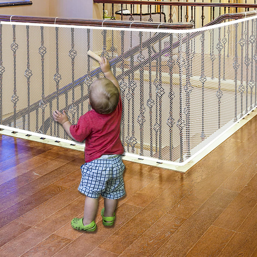 Baby Gate for Stairs, Banister Guard for Kids, Pets, Toys, 15ft L x 2.66 ft H, Mesh Netting Safety Net for Balcony Rail Stair, Stairway Net Baby Safety Products for Indoor & Outdoor (White)
